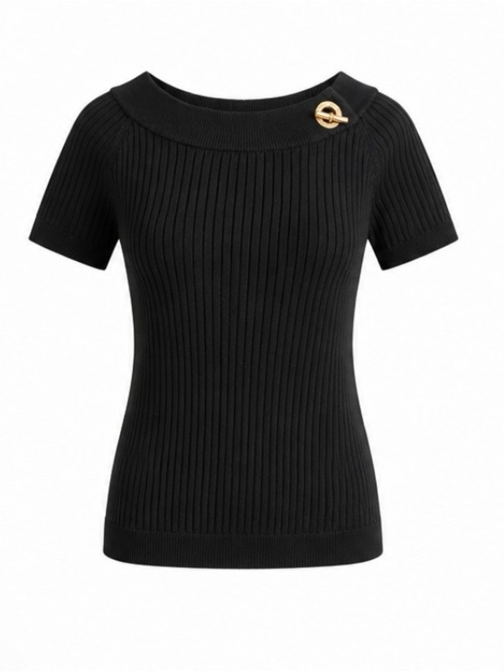 Lauren Ralph Lauren Black Ribbed Knit Top Gold Detail M